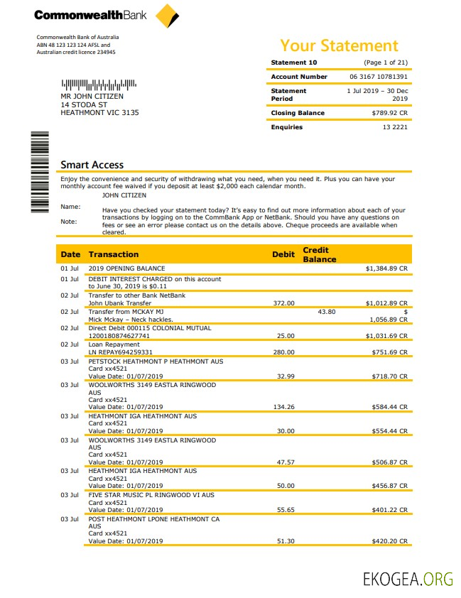Modèle de relevé bancaire du Commonwealth d'Australie au format Word et PDF, valable pour l'adresse proof
